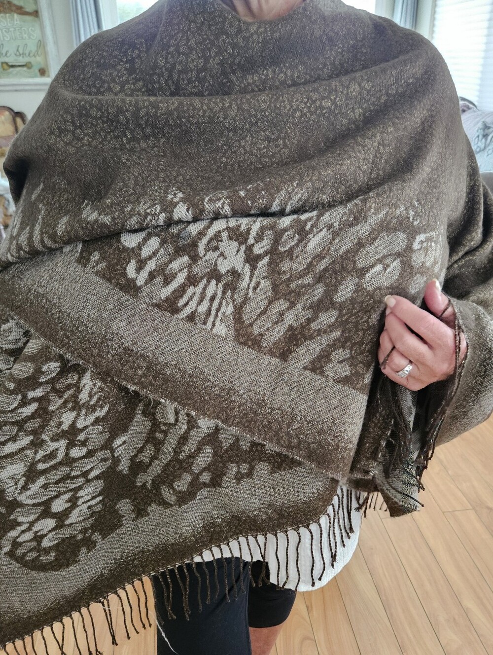 Shawl. Cozy Brown Animal Print Fringe Shawl